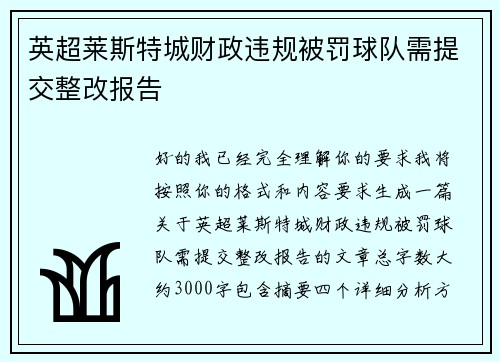 英超莱斯特城财政违规被罚球队需提交整改报告