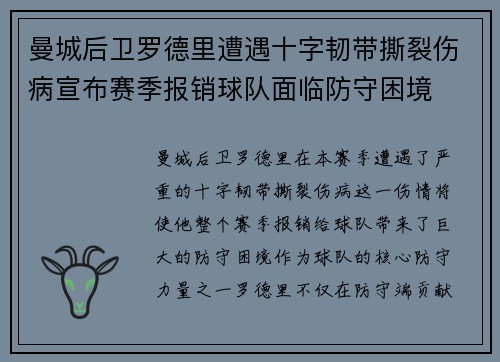 曼城后卫罗德里遭遇十字韧带撕裂伤病宣布赛季报销球队面临防守困境 曼城后卫罗德里遭遇十字韧带撕裂伤病宣布赛季报销球队面临防守困境