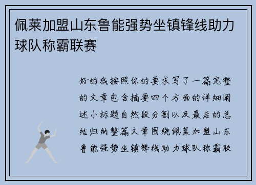 佩莱加盟山东鲁能强势坐镇锋线助力球队称霸联赛 佩莱加盟山东鲁能强势坐镇锋线助力球队称霸联赛